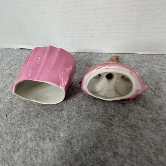 German Figural Porcelain Powder Box Erphilia Lady in Pink with Yellow Fan 3x5.5